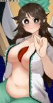  1girl absurdres arm_cannon bangs belly bird_wings black_wings blush bow breasts bright_pupils brown_eyes brown_hair cape center_frills closed_mouth collared_shirt commentary_request control_rod cowboy_shot frills green_bow green_skirt hair_bow highres large_breasts long_hair looking_at_viewer navel no_bra open_clothes open_shirt plump reiuji_utsuho shiny shiny_skin shirt short_sleeves skirt smile solo starry_sky_print third_eye touhou weapon white_cape white_pupils white_shirt wings yokuaka 