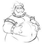  2021 anthro armband belly big_belly bowser bracelet chubby_anthro chubby_male collar dragon eyebrows fangs hair half-length_portrait hand_on_stomach horn jewelry koopa male mario_bros monochrome narrowed_eyes navel nintendo nipples nude overweight overweight_anthro overweight_male portrait praceph scales scalie slightly_chubby smile solo spiked_armband spiked_bracelet spiked_collar spikes standing video_games 