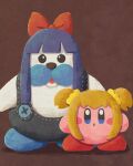  :o bangs blonde_hair blue_hair blue_overalls bow brown_background buttons hair_bow hair_ornament hair_scrunchie highres kirby kirby_(series) looking_at_viewer miclot mr._frosty no_humans open_mouth overalls pipimi poptepipic popuko red_bow scrunchie sidelocks standing twintails wig yellow_scrunchie 