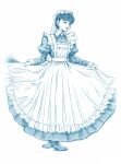  1girl apron bbb_(friskuser) boots closed_mouth commentary_request dress full_body half-closed_eyes highres juliet_sleeves lips long_dress long_sleeves looking_afar maid maid_apron monochrome original puffy_sleeves short_hair skirt_hold solo victorian_maid 