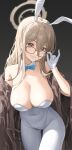  1girl adjusting_eyewear akane_(blue_archive) akane_(bunny)_(blue_archive) alohayuja black_background blue_archive blush breasts brown_eyes cleavage clothes_around_waist collarbone glasses gloves grin halo highres large_breasts leotard light_brown_hair looking_at_viewer plaid_shawl playboy_bunny shawl smile solo white_gloves white_leotard 