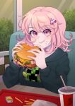  1girl artist_name bangs black_sweater blush breasts brown_hair burger cheese creeper cup danganronpa_(series) danganronpa_2:_goodbye_despair disposable_cup drinking_straw eating flipped_hair food food_on_face french_fries galaga hair_ornament highres holding holding_food hood hood_down indoors kiki_witch looking_at_viewer medium_breasts messy_hair minecraft monokuma nanami_chiaki onion pink_eyes solo sweater tomato tray upper_body 