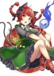 1girl animal_ears ass black_bow bow braid cat_ears cat_tail dress floating_hair frills green_dress hair_bow kaenbyou_rin kuroda_(chokobo_314) looking_at_viewer multiple_tails nail_polish nekomata red_eyes red_hair red_nails shoes skull solo tail touhou twin_braids two_tails 