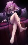  1girl :3 absurdres artist_name bangs bare_legs barefoot black_nails black_sleeves breasts cleavage closed_mouth crossed_legs detached_sleeves floating_hair frilled_sleeves frills full_body hair_between_eyes highres krul_tepes long_hair long_sleeves miniskirt nail_polish owari_no_seraph pink_hair pointy_ears red_eyes shiny shiny_hair sitting skirt slit_pupils small_breasts soles solo thaigermane toenail_polish toenails twintails very_long_hair white_skirt 