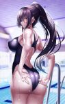  1girl adjusting_clothes adjusting_swimsuit ass back bangs black_hair black_one-piece_swimsuit blurry blurry_background blush breasts brown_eyes commentary_request competition_swimsuit covered_nipples grin highres indoors large_breasts long_hair looking_at_viewer one-piece_swimsuit original ponytail pool pool_ladder school_swimsuit sidelocks smile solo standing swimsuit teeth wet yuuzuki_hijiri 
