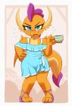  2_horns 3_toes 4_fingers absurd_res anthro blue_eyes blush bodily_fluids clothing container cup dragon dress eyeshadow fangs feet female fingers friendship_is_magic hasbro hi_res holding_object horn looking_at_viewer makeup my_little_pony orange_body pabbley scalie smolder_(mlp) solo standing sweat tea_cup toes western_dragon wing_claws 