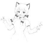  1girl :d absurdres animal_ears black_nails bow braid cat_ears dobostorte dress fingernails hair_bow highres juliet_sleeves kaenbyou_rin long_sleeves monochrome nail_polish open_mouth puffy_sleeves simple_background smile solo touhou 