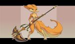  2022 absurd_res alternate_version_at_source anthro areola bdmon biped breasts female fur furred_kobold genitals hi_res holding_object holding_weapon kobold nipples nude orange_body orange_fur pussy solo standing tisha_(bdmon) weapon 