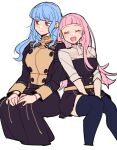  2girls alternate_hairstyle bangs black_eyes blue_hair blunt_bangs blush closed_eyes do_m_kaeru fire_emblem fire_emblem:_three_houses garreg_mach_monastery_uniform hilda_valentine_goneril long_hair marianne_von_edmund multiple_girls open_mouth pink_hair sitting thighhighs white_background 