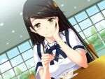  1girl bangs black_hair black_ribbon blush closed_mouth collared_shirt game_cg hazakura_seiso head_rest holding holding_spoon indoors kawagishi_keitarou kawakami_academy_uniform long_hair looking_at_viewer maji_de_watashi_ni_koi_shinasai! neck_ribbon ribbon shiny shiny_hair shirt short_sleeves sitting smile solo spoon straight_hair swept_bangs very_long_hair white_shirt wing_collar yellow_eyes 