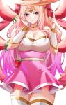  1girl absurdres archangel_gabriel_(guardian_tales) bangs breasts circlet cleavage collar dress food fruit guardian_tales hand_in_own_hair highres holding holding_food large_breasts long_hair looking_at_viewer mk87 multicolored_hair open_mouth parted_bangs pink_dress pink_eyes simple_background solo strawberry thighhighs white_thighhighs 