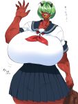  3:4 big_breasts bottomwear breasts clothing female green_hair hair hair_over_eyes hi_res horn horned_humanoid huge_breasts humanoid hyper hyper_breasts not_furry red_body red_skin school_uniform skirt solo thick_thighs uniform waranka 