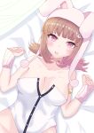  1girl :d absurdres animal_hood armlet bangs bare_shoulders breasts brown_hair chun_lin_qin collarbone danganronpa_(series) danganronpa_2:_goodbye_despair galaga hair_ornament highres hood large_breasts leotard looking_at_viewer lying medium_hair nanami_chiaki on_back pink_eyes playboy_bunny rabbit_hood shiny shiny_hair smile solo teeth upper_body upper_teeth white_leotard 