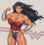  1girl abs bare_shoulders black_hair breasts cleavage clenched_hand collarbone dc_comics green_eyes hand_on_hip highres large_breasts long_hair looking_at_viewer muscular muscular_female nestkeeper solo standing thick_thighs thighs wonder_woman 