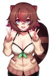  1girl :d absurdres animal_ears bandaid bandaid_on_face bandaid_on_nose bare_shoulders black_choker black_shorts blue_eyes bow breasts brown_hair brown_jacket choker cleavage collarbone colored_inner_hair colored_tips cowboy_shot double_v green_bow hair_between_eyes hands_up highres jacket large_breasts long_sleeves looking_at_viewer multicolored_eyes multicolored_hair off_shoulder open_mouth owozu raccoon_ears raccoon_girl raccoon_tail rakkun_sutaru red_eyes red_hair shirt short_hair shorts simple_background slash-ex sleeveless sleeveless_shirt smile solo tail two-tone_hair v virtual_youtuber white_background white_shirt 