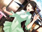  1girl :d bangs black_hair breasts brown_eyes brown_skirt collarbone day dutch_angle flower game_cg green_shirt hair_flower hair_ornament hazakura_seiso kawagishi_keitarou long_hair looking_at_viewer maji_de_watashi_ni_koi_shinasai! medium_breasts open_mouth outdoors shiny shiny_hair shirt skirt smile solo straight_hair swept_bangs very_long_hair yellow_flower 