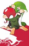  2girls absurdres barefoot bike_shorts black_shorts colored_tongue frown green_eyes green_hair green_tongue highres hood hood_down hug inari1369 inkling inkling_girl kneeling long_hair long_sleeves multiple_girls octoling octoling_girl open_mouth red_hair shorts single_vertical_stripe sitting splatoon_(series) suction_cups tentacle_hair white_background 
