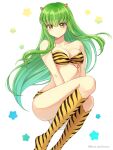  1girl animal_print bangs bare_arms between_legs blush bra c.c. closed_mouth code_geass collarbone cosplay floating_hair green_hair hair_between_eyes hair_ornament hand_between_legs highres long_hair lum lum_(cosplay) print_bra setu_kurokawa shiny shiny_hair socks solo strapless strapless_bra striped striped_bra tiger_panties tiger_print underwear underwear_only urusei_yatsura very_long_hair yellow_bra yellow_eyes yellow_socks 