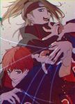  2boys :d akatsuki_uniform black_coat blonde_hair blue_eyes brown_eyes coat deidara_(naruto) floating_hair hand_mouth highres long_hair looking_at_viewer multiple_boys naruto_(series) naruto_shippuuden red_hair sasori_(naruto) short_hair smile suzu_(tg_390) 