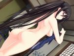  1girl ass bangs black_hair breasts closed_mouth completely_nude dutch_angle frown game_cg hair_between_eyes hazakura_seiso holding holding_clothes indoors kawagishi_keitarou long_hair maji_de_watashi_ni_koi_shinasai! medium_breasts nipples nude ponytail red_eyes school_swimsuit shiny shiny_hair shoulder_blades solo swimsuit very_long_hair 