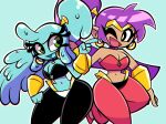  2019 absurd_res belly_dancer blue_body breasts cleavage clothed clothing duo ear_piercing ear_ring genie goo_creature green_eyes hair hi_res humanoid jewelry long_hair navel nelljoestar piercing ponytail pseudo_hair purple_hair ring_piercing shantae shantae_(series) smile tan_body thick_thighs video_games wayforward wide_hips 