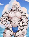  abs absurd_res anthro arknights beach biceps big_muscles big_pecs bulge clothing day felid fur hair hi_res huge_muscles hypergryph male mammal mountain_(arknights) muscular muscular_anthro muscular_male nipples outside pantherine pecs ruxxx-uwu scar seaside solo standing stripes studio_montagne thong tiger tuft underwear video_games water white_body white_fur 
