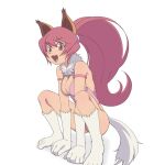  1girl :d animal_ears animal_hands breasts cat_ears cat_tail cleavage cleavage_cutout clothing_cutout foot_out_of_frame highres kaien_advance large_breasts leotard long_hair looking_at_viewer open_mouth perisie_(star_ocean) pink_hair ponytail red_eyes simple_background smile solo star_ocean star_ocean_first_departure tail white_background 
