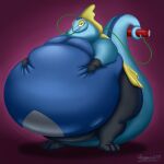  anthro belly belly_inflation big_belly blue_body generation_8_pokemon hand_on_stomach helium_tank hi_res hose_inflation huge_tail hyper hyper_belly inflation inteleon looking_at_viewer nintendo oregene pokemon pokemon_(species) solo video_games 