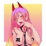  1girl between_breasts black_necktie black_pasties blonde_hair blush border breasts chainsaw_man cross-shaped_pupils cross_pasties demon_horns finger_in_own_mouth gradient gradient_background gradient_hair hair_between_eyes hand_up highres horns joker.z long_hair medium_breasts multicolored_hair naked_necktie necktie necktie_between_breasts open_mouth orange_eyes outside_border pasties pink_background pink_hair power_(chainsaw_man) red_horns sharp_teeth solo teeth tongue tongue_out upper_body white_border yellow_background 