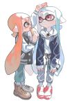  2girls aqua_hair aspara bangs blunt_bangs boots closed_mouth eating green_eyes hand_on_another&#039;s_head highres holding inkling inkling_girl jacket long_hair multiple_girls on_head open_mouth orange_hair pants pointy_ears red_eyes sandals shirt shoes shrimp simple_background socks splatoon_(series) squid tentacle_hair white_background white_shirt 