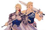  2boys amano_yoshitaka_(style) armor blonde_hair blue_eyes blue_tank_top brothers cape edgar_roni_figaro final_fantasy final_fantasy_vi flower flower_on_mouth greatsword holding holding_sword holding_weapon long_hair low_ponytail mash_rene_figaro medal multiple_boys muscular muscular_male oju_(ouka) ponytail red_flower red_rose rose sash short_hair siblings square_enix sword tank_top weapon 