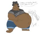  2022 anthro barefoot belly belly_grab big_belly bottomwear clothed clothing dialogue ear_piercing english_text fan_character feet hair hand_on_stomach looking_at_viewer male mammal mouth_closed narrowed_eyes navel obese obese_anthro obese_male overweight overweight_anthro overweight_male piercing praceph rumbling_stomach shirt shorts smile smiling_at_viewer solo sound_effects speech_bubble standing text topwear ursid 