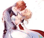  1boy 1girl ^_^ absurdres abyss_of_alyss bare_shoulders blonde_hair closed_eyes commentary_request dress genshin_impact grey_jacket grin highres hug jacket long_sleeves lumine_(genshin_impact) orange_hair profile short_hair simple_background smile tartaglia_(genshin_impact) white_background white_dress 