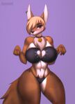  2022 5_fingers abs anthro aozee artist_name athletic athletic_female bell bell_collar big_breasts blonde_hair blush bra breasts brown_body brown_eyes brown_fur canid canine cat_lingerie chest_tuft cleavage_cutout clothing collar colored countershade_face countershade_torso countershading digital_media_(artwork) ear_piercing female fingers fluffy fluffy_tail fox fur hair hair_over_eye heart_cutout hi_res huge_thighs humanoid_hands lingerie looking_at_viewer mammal monotone_background multicolored_body multicolored_fur one_eye_obstructed piercing purple_background shaded short_hair simple_background small_waist solo thick_thighs tuft two_tone_body two_tone_fur underwear white_body white_fur wide_hips 