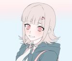  1girl 3d bangs blush danganronpa_(series) danganronpa_2:_goodbye_despair dress_shirt flipped_hair galaga green_jacket grin hair_ornament hood hood_down hooded_jacket jacket medium_hair nanami_chiaki neck_ribbon pink_eyes pink_ribbon ribbon shirt smile solo teeth tuteurfars_shin white_shirt 