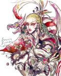  1boy absurdres blonde_hair bomb_(final_fantasy) cefca_palazzo clown earrings facepaint feathers final_fantasy final_fantasy_vi happy_birthday highres jewelry lipstick long_hair makeup monster oju_(ouka) serious square_enix 