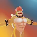  1:1 abs anthro athletic athletic_anthro athletic_male biceps bowser digital_media_(artwork) dragon hair hi_res koopa looking_at_viewer male mammal mario_bros morinkashi muscular muscular_anthro muscular_male nintendo nude pecs scalie simple_background smile solo spikes video_games 