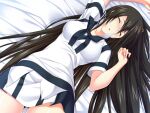  1girl bed_sheet black_hair black_panties blush closed_eyes cowboy_shot flower game_cg grey_skirt hair_flower hair_ornament hazakura_seiso kawagishi_keitarou kawakami_academy_uniform long_hair lying maji_de_watashi_ni_koi_shinasai! miniskirt on_back open_mouth panties pleated_skirt shiny shiny_hair shirt short_sleeves skirt sleeping solo sweater sweater_vest thigh_gap two-tone_skirt underwear very_long_hair white_shirt white_skirt white_sweater yellow_flower 