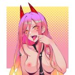  1girl between_breasts black_necktie blonde_hair blush border breasts chainsaw_man cross-shaped_pupils demon_horns finger_in_own_mouth gradient gradient_background gradient_hair hair_between_eyes hand_up highres horns joker.z long_hair medium_breasts multicolored_hair naked_necktie necktie necktie_between_breasts nipples open_mouth orange_eyes outside_border pink_background pink_hair power_(chainsaw_man) red_horns sharp_teeth solo teeth tongue tongue_out upper_body white_border yellow_background 