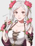  1girl :d adapted_costume bare_shoulders breasts bridal_gauntlets brown_eyes cleavage collarbone fire_emblem fire_emblem_awakening fire_emblem_heroes flower grey_background grey_hair hair_flower hair_ornament highres long_hair medium_breasts official_alternate_costume open_mouth peach11_01 robin_(fire_emblem) robin_(fire_emblem)_(female) simple_background sleeveless smile solo twintails twitter_username upper_body 