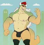  4_fingers absurd_res anthro black_clothing bowser bulge claws clothed clothing eldiman eyebrows finger_claws fingers hair hi_res horn koopa legwear male mario_bros muscular muscular_anthro muscular_male navel nintendo nipples pecs red_eyebrows red_hair reptile scalie solo thigh_highs video_games 