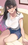 1girl bangs black_hair blue_nails blurry blurry_background blush bra_visible_through_clothes breasts cleavage collarbone commentary_request couch crossed_legs denim denim_shorts grey_eyes hair_between_eyes hamu_(plot_sy) hand_on_another&#039;s_hand highres large_breasts long_hair mole mole_under_eye nail_polish open_mouth original picture_frame shirt short_shorts short_sleeves shorts sitting smile t-shirt thighs wall white_shirt 