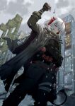  1girl arknights bangs belt black_gloves blurry building cloud cloudy_sky commentary day demon_horns explosive fingerless_gloves from_below gloves grenade grey_hair highres holding horns jacket looking_at_viewer outdoors red_eyes samacho scarf shirt short_hair sky smile snowing solo w_(arknights) winter 