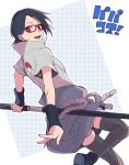  1girl :d absurdres bangs black_hair black_thighhighs boruto:_naruto_next_generations cosplay from_side glasses grey_shirt grey_shorts highres holding holding_sword holding_weapon looking_at_viewer looking_back naruto_(series) parted_bangs red-framed_eyewear red_eyes sharingan sheath shirt short_hair short_shorts short_sleeves shorts smile solo suzu_(tg_390) sword thighhighs uchiha_sarada uchiha_sasuke uchiha_sasuke_(cosplay) unsheathing weapon zettai_ryouiki 