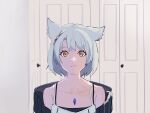  1girl animal_ear_fluff bare_shoulders blank_stare brown_eyes chair closed_mouth collarbone door doorknob english_commentary fikkyun grey_hair hair_between_eyes highres indoors linus_tech_tips looking_at_viewer medium_hair meme mio_(xenoblade) off-shoulder_sweater off_shoulder on_chair sad_linus_(meme) solo sweater tank_top upper_body white_tank_top xenoblade_chronicles_(series) xenoblade_chronicles_3 