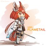  1girl absurdres animal_ears arknights armor bangs blush brown_eyes character_name commentary_request flametail_(arknights) full_body gauntlets highres holding holding_sword holding_weapon lcron long_hair looking_ahead red_hair sidelocks solo squirrel_ears squirrel_girl squirrel_tail standing sword tail thigh_strap twitter_username weapon 