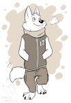  3_toes anthro arctic_wolf barefoot canid canine canis clothed clothing cold corgi_(artist) disney feet hi_res jacket male mammal officer_grizzoli paws scarf smile solo tail_motion tailwag toes topwear tundra_wolf white_body winter wolf zootopia zootopian zpd 