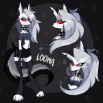  1girl absurdres anger_vein animal_ears breasts chizitx collar colored_sclera deviantart_username english_commentary fingerless_gloves full_body furry furry_female gloves helluva_boss highres long_hair looking_at_viewer loona_(helluva_boss) multiple_views navel piercing red_sclera snout solo spiked_collar spikes standing tail thighhighs twitter_username white_fur wolf_ears wolf_girl wolf_tail 