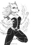  2022 5_fingers anthro barefoot bodysuit breasts canid canine canis claws cleavage clothed clothing elemental_manipulation fangs feet female finger_claws fingers fire fire_manipulation fur hair hi_res humanoid_hands mammal razira_(bobbob2) signature sketch skinsuit smile snowsnow11 solo superhero tight_clothing wolf 