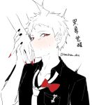  1boy 1girl ahoge badge bangs black_nails blush bow breast_pocket chinese_commentary chinese_text collared_shirt danganronpa_(series) danganronpa_2:_goodbye_despair hinata_hajime male_focus nail_polish necktie pocket red_bow red_eyes red_nails shirt simple_background solo_focus spot_color translation_request tuteurfars_shin upper_body white_background 